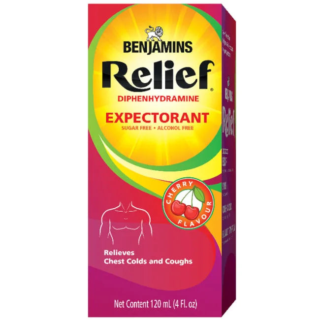 Benjamins Relief Diphenhydramine Expectorant Cherry Flavored, 120ml